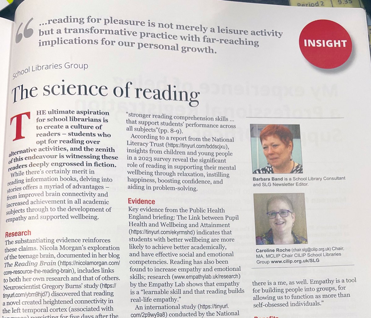 Article in #InfoPro by @bcb567 and @HeartOTSchool about the science behind reading. Looks at the effects on our brains and how it influences our future lives. Research thanks to @TeresaCremin @nicolamorgan @Literacy_Trust and others.