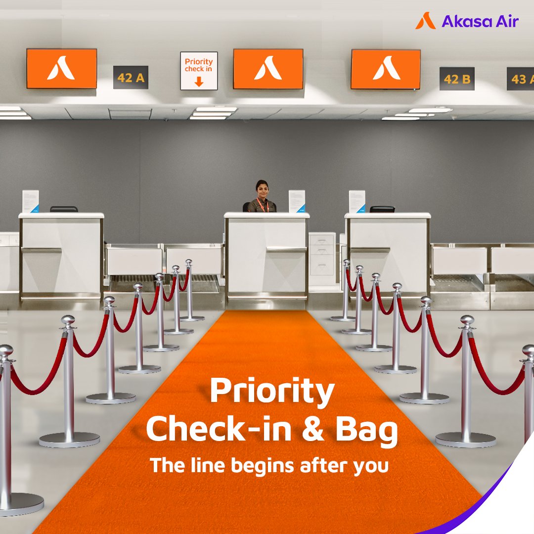 Skip the queue & breeze through the airport! ✅Priority Check-in: Save precious time & enjoy the convenience of expedited check-in. ✅Priority Bag Service: Relax knowing your bags are delivered swiftly upon arrival: bit.ly/qppcb #AkasaAir #ItsYourSky