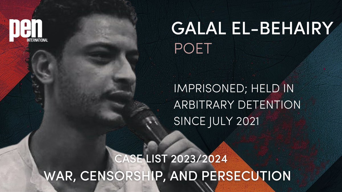 PEN International case, #GalalElBehairy, has been held in arbitrary detention in #Egypt since July 2021 for his poetry. Don't let him be silenced. Join us and TAKE ACTION calling for his release, #FreeTheWriters pen-international.org/our-campaigns/… #FreeGalal #FreeThemAll