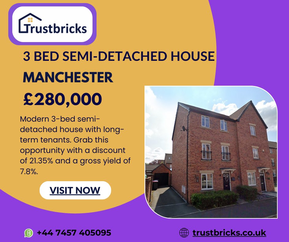 TrustBricks's tweet photo. Modern 3-bed semi-detached house with long-term tenants. Grab this opportunity with a discount of 21.35% and a gross yield of 7.8%.
[Link]
(https://t.co/yRXkGhcriN)

#trustbricks, #cashflowforlife, #retireearly, #retirementplans, #propertyrocks, #investingsmart, #propertyguide https://t.co/KJOePy5tLo