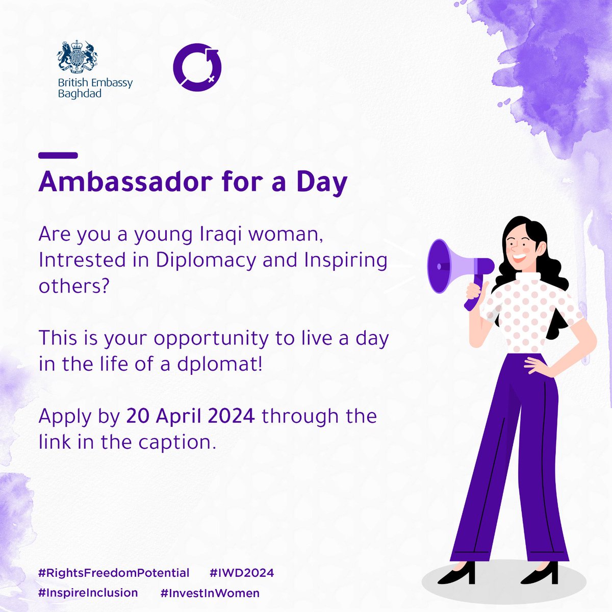 Are you interested in diplomacy, foreign affairs&international relations? Are you a woman between 18-20&living in Iraq? Here’s your opportunity to join the British Ambassador and the Chargé d'Affaires at the British Embassy Baghdad for a day. Apply Here forms.gle/cRYBJ6PozzDFKm…