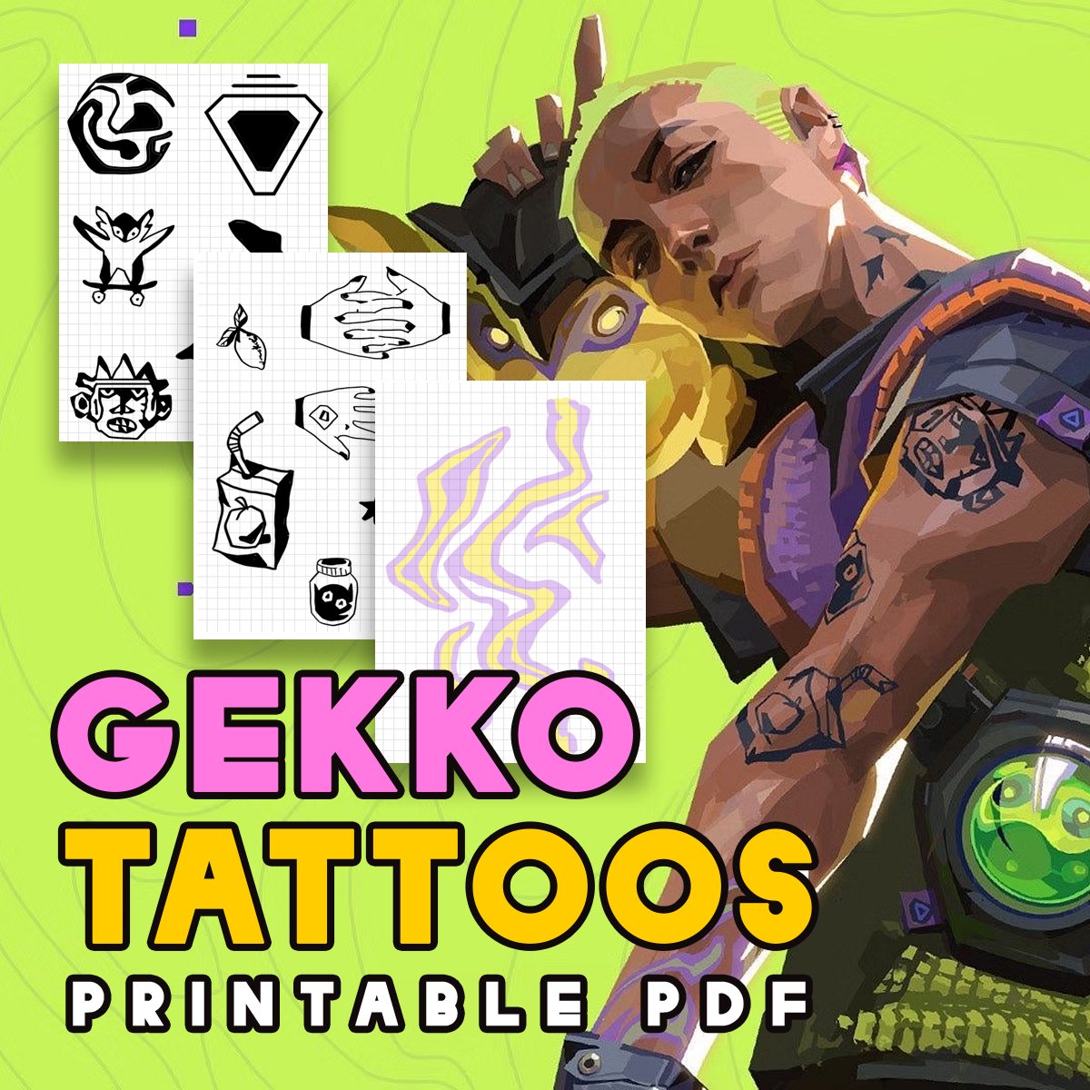 AVAILABLE NOW!
VALORANT Gekko Tattoos Printable PDF for all your cosplay needs! 

I decided to draw out his tattoos to print on tattoo paper. Sharing on my shops since no one seems to have this. Enjoy!

ganknow.com/foxrots?tab=sh…
ko-fi.com/foxrots/shop