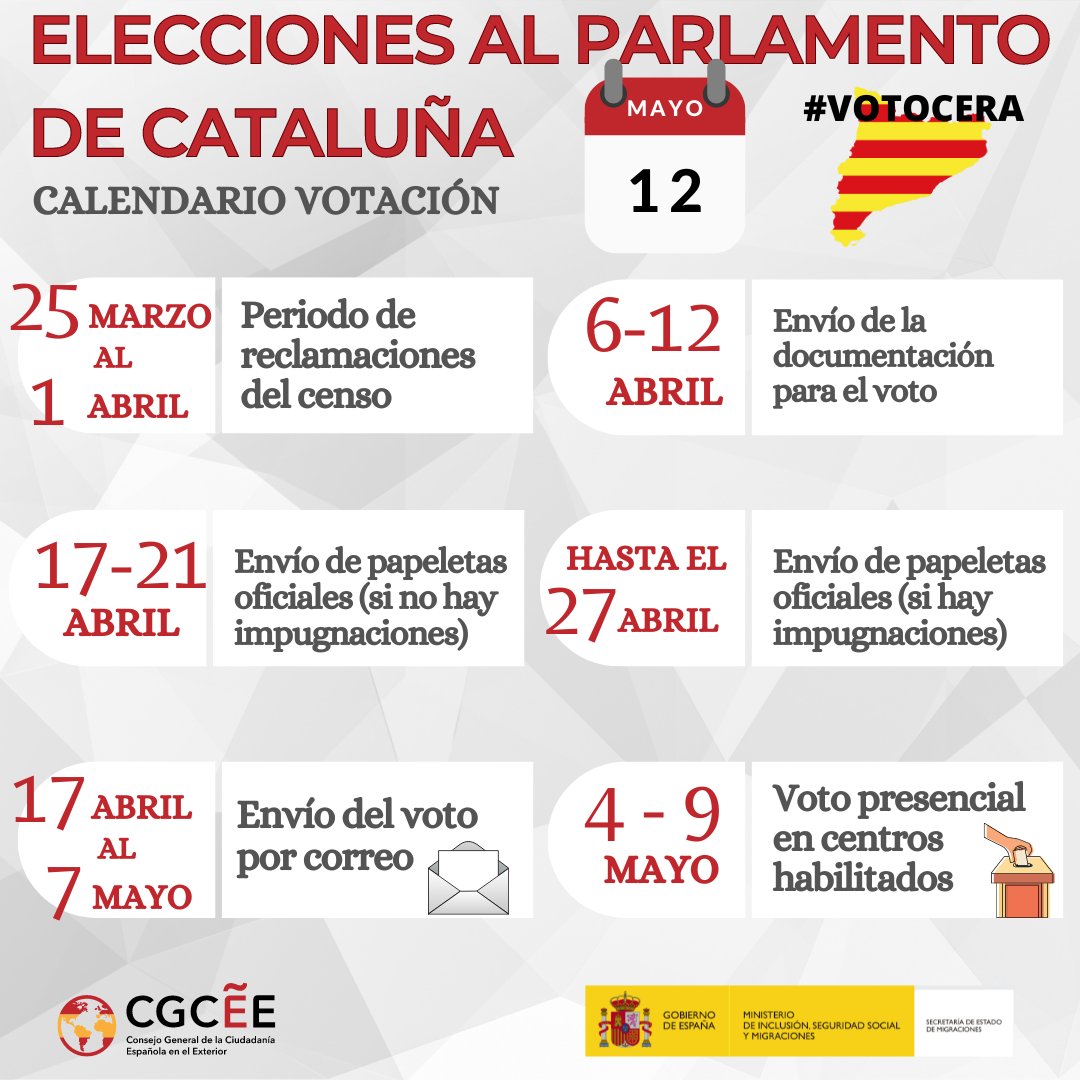 CGCEE_VIII's tweet photo. 12M. ELECCIONES AL PARLAMENTO DE CATALUÑA

🗓️Se abren los centros habilitados en el exterior para el voto presencial en urna

Más info⬇️
https://t.co/5Th3iimDaw

#EleccionesAutonómicas #12M #VotoExterior https://t.co/jOmn95gCVW