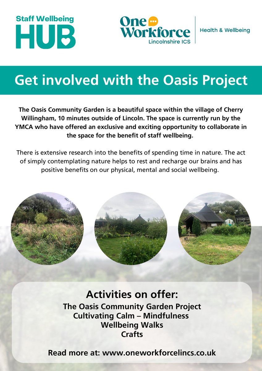 Get involved with the Oasis Project! The Oasis Community Garden is a beautiful space within the village of Cherry Willingham, 10 minutes outside of Lincoln. Further information in the poster and link below: oneworkforcelincs.co.uk/value/health-w…