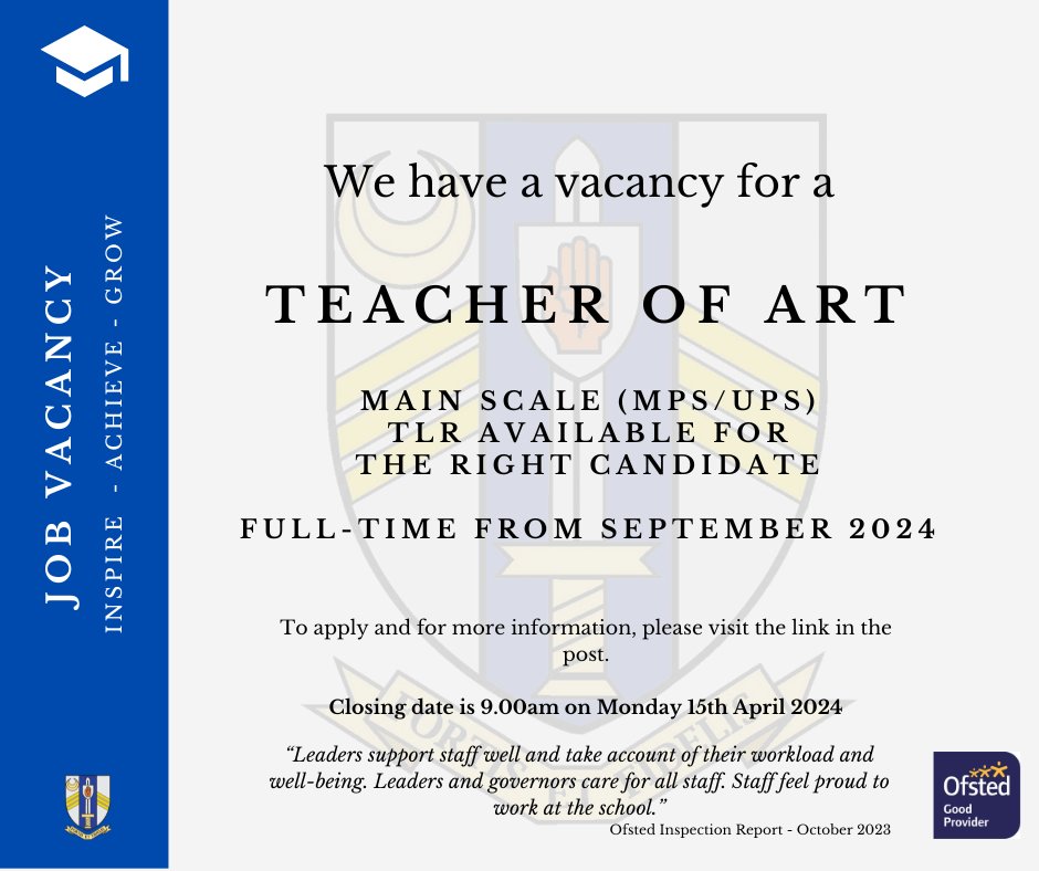 We are looking to appoint a full-time Art Teacher to teach across Key Stages 3 & 4 from September 2024 with the opportunity to teach at KS5. For more information and to apply, please visit sirjohnnelthorpe.co.uk/vacancies/teac…