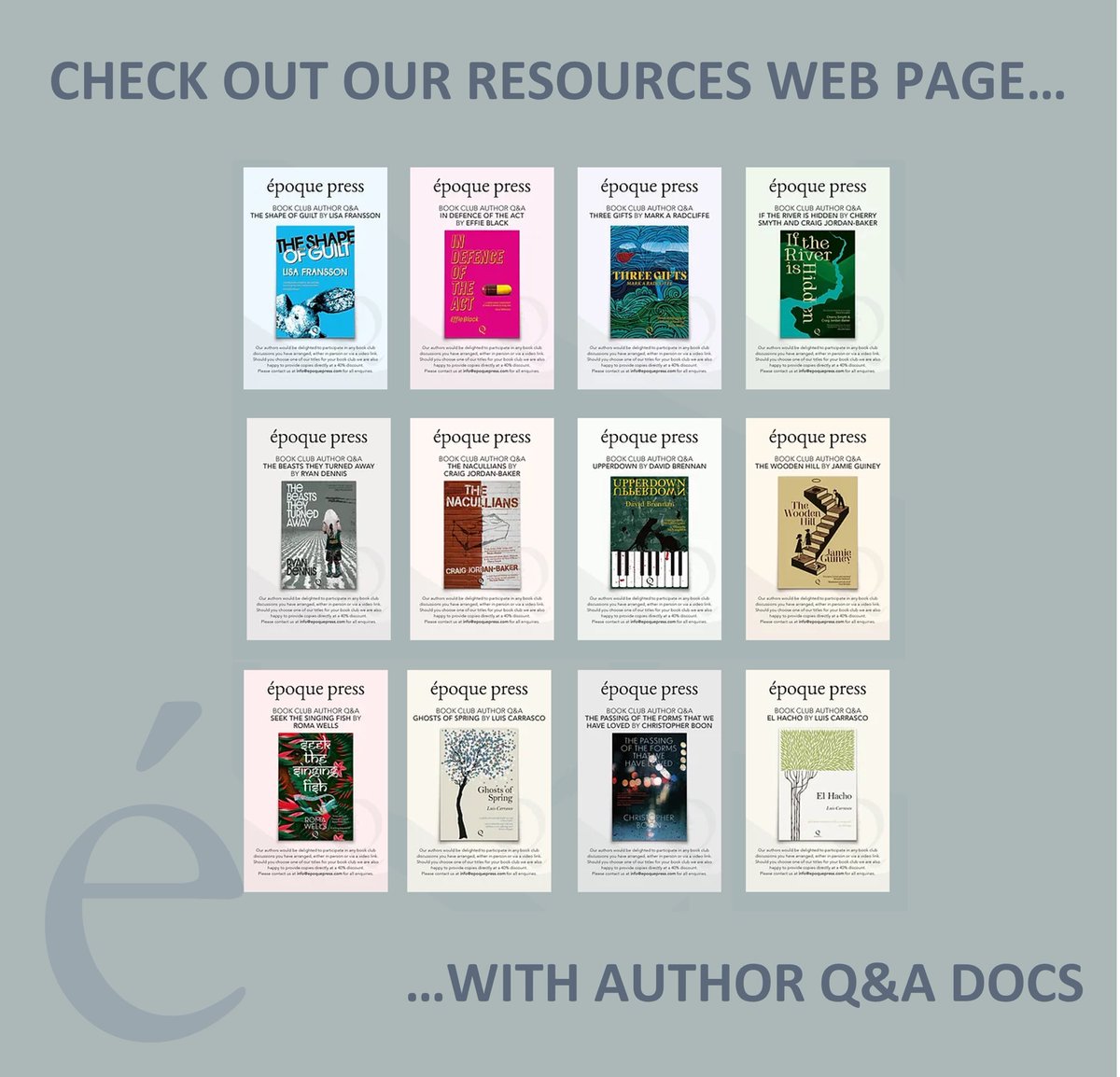 Calling all #Bookclubs #Bookgroups We now have a resources page on our website where you can find Author Q&A documents for our titles. Contact us for more information, to discuss bulk discount or to arrange meet the author events. epoquepress.com/resources