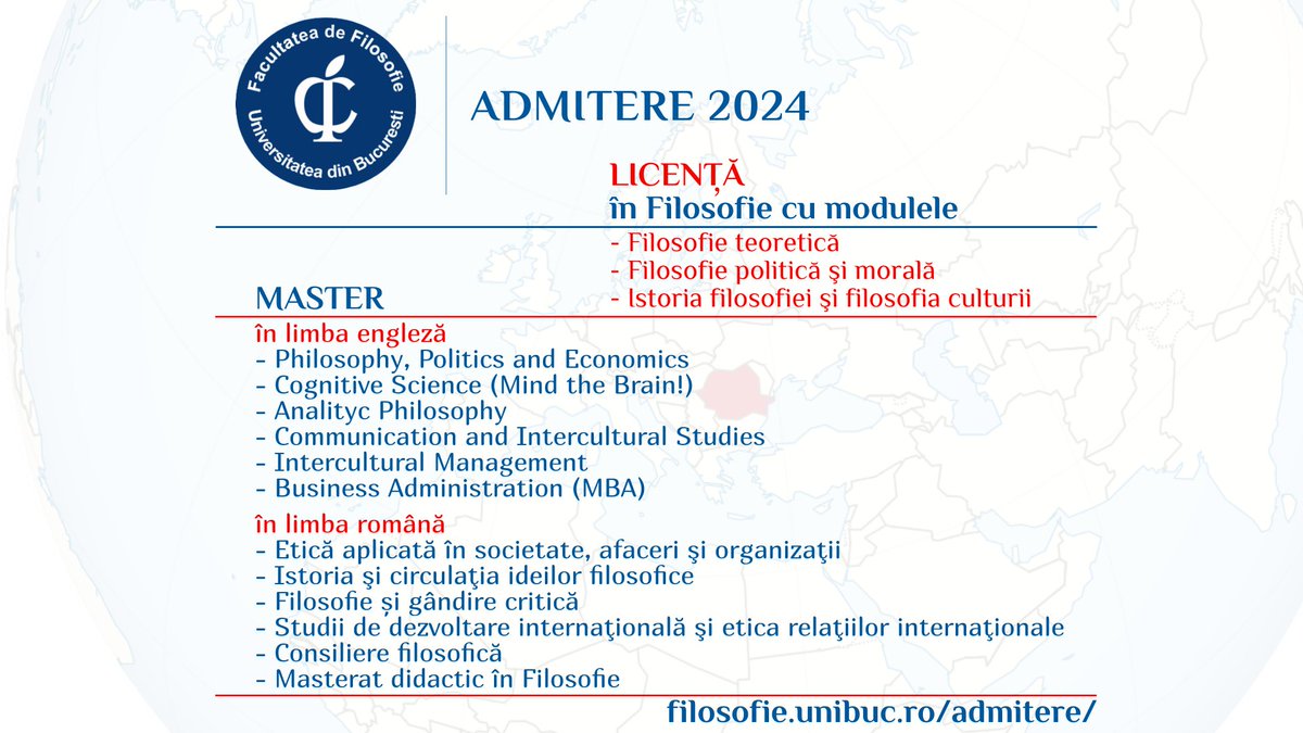 🎓📚 Deschiderea Preînscrierilor pentru Admiterea Iulie 2024! 📚🎓
✨ Pentru detalii suplimentare despre procesul de admitere și programele oferite, vă invităm să vizitați site-ul nostru: filosofie.unibuc.ro/admitere/

#Admitere2024 #Filosofie #AdmitereMaster #AdmitereLicență
