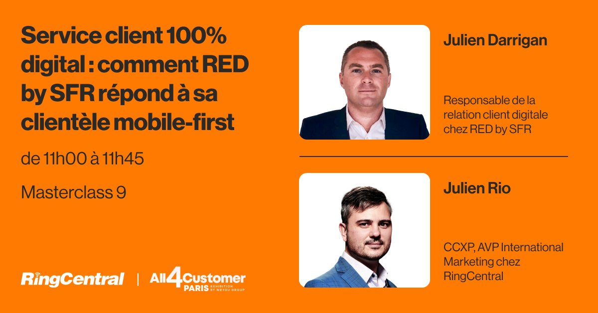 #All4Customer - dans 15 minutes, rendez-vous en Masterclass 9 pour découvrir comment RED by SFR assure une expérience digitale fluide pour répondre aux exigences d’immédiateté et de précision des clients !

#Expérienceclient #Relationclient #omnicanal #Centredecontact #RingCX