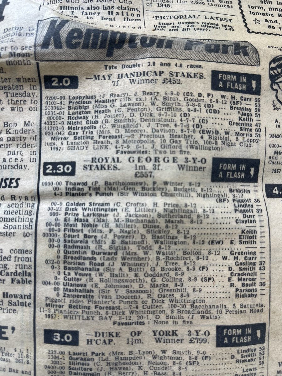 the_fht's tweet photo. Marvellous old newspaper (may 1958) found between joists at job I’m involved with in Kensington.  Lester riding for Winston in the second! https://t.co/3Uli5ORCH6