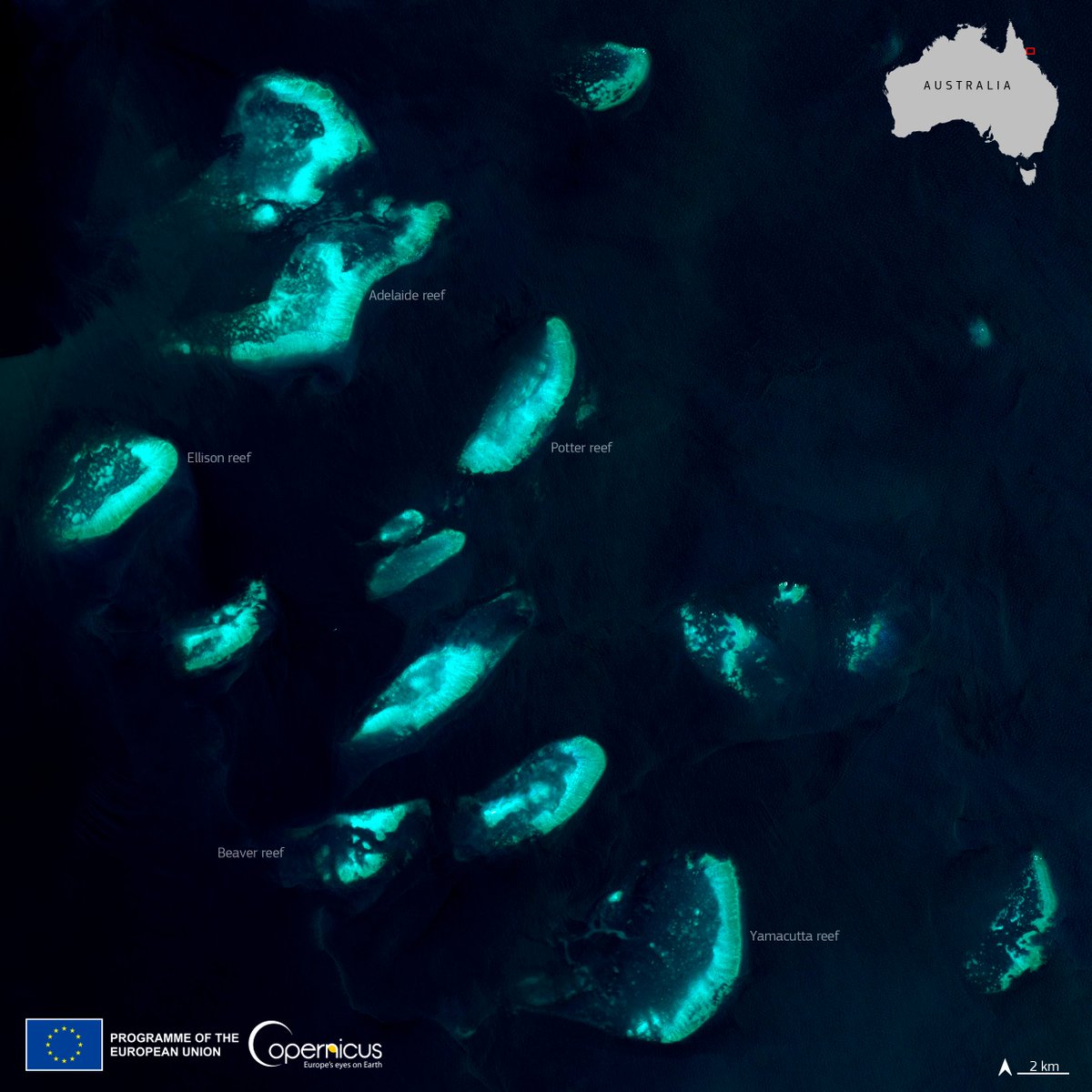 The 5th 🪸 coral bleaching event in 8 years is a reality Ocean temperatures are rising causing biodiversity degradation @CopernicusEU #Sentinel2 acquired this image of the reefs near 🇦🇺 Discover how we work to protect Europe's ocean, seas and coasts 👉 europa.eu/!vwx7Nd