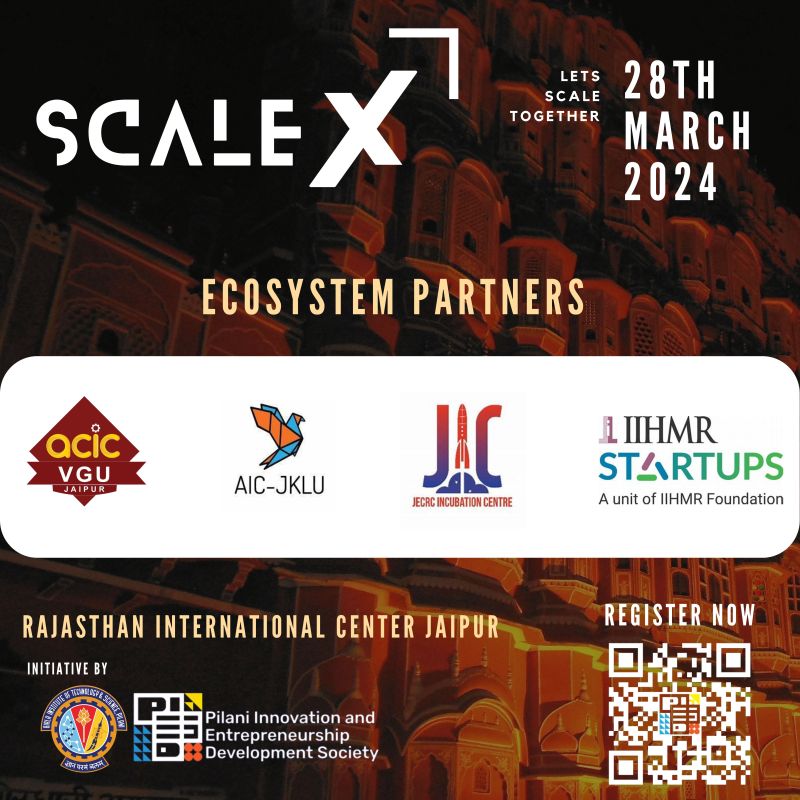 AIC-JKLU is proud to be an ecosystem partner for the inaugural ScaleX - a Technology & New Age Innovation focused startup summit (3-8 PM March 28th, Jaipur) hosted by PIEDS. Registration Here: lu.ma/08blok88 For Startups, 1-on-1 Investor Connect: lnkd.in/dS9zfq5i