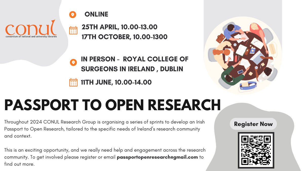 Are you interested in contributing to the development of the Irish Passport to Open Research being led by the CONUL Research Group? Register using the QR code below or email passportopenresearch@gmail.com #OpenResearchIE #OpenScience