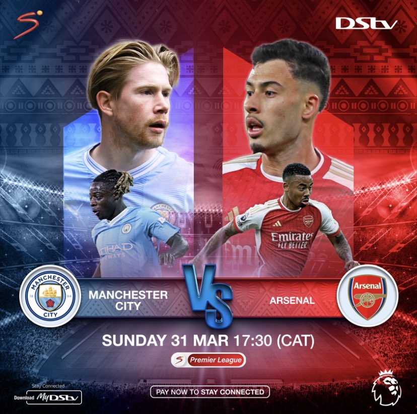 Don’t miss out on this #PremierLeague title decider! ⚽️🔥 Pay now and stay connected to watch #ManCity vs #Arsenal, 31 March at 17:30 CAT! 🥳📺⚽️ #PremierLeagueALLonDStv