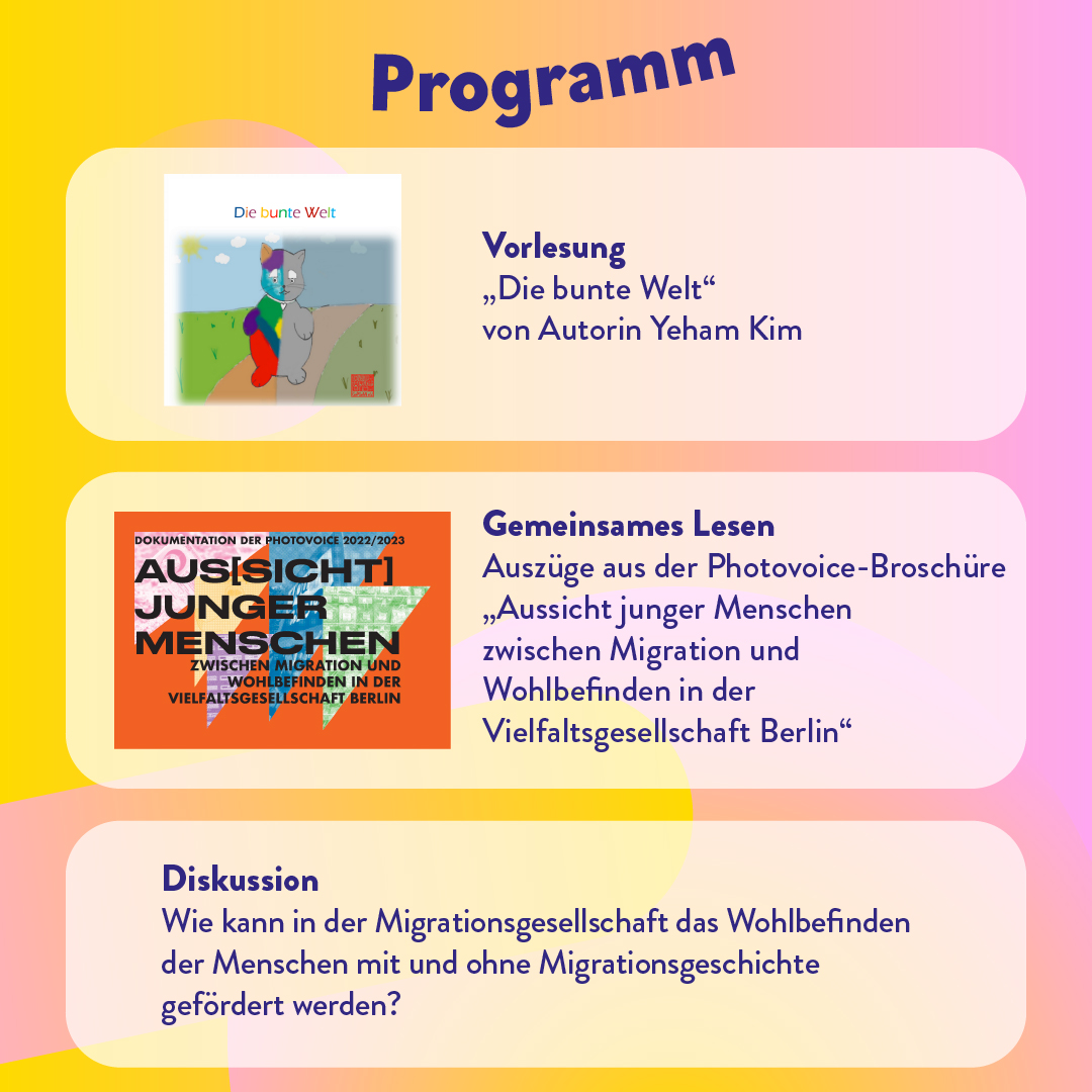 Vielfaltscafé - Community Gathering für Asiat*innen der 1. Generation*
"ASIAT*INNEN AKTIV - FÜR EIN LEBEN OHNE DISKRIMINIERUNG!" 
Wann: Donnerstag, 25.April.2024 | 18.00-20.30 Uhr
Wo: GePGeMi Büro, Schivelbeiner Str. 6, 10439 Berlin + Online
Anmeldung: gemi-berlin.de/aktuelle-proje…