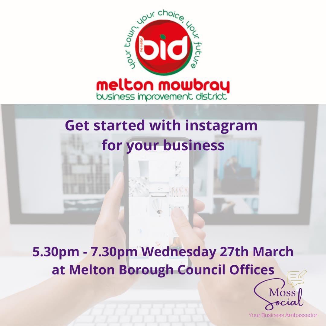 Businesses, looking to get started on Instagram? We’re offering a free workshop for Melton businesses tomorrow evening with Moss Social with some top tips to get you started. To book your free place, just sign up on Eventbrite 👇 eventbrite.co.uk/e/get-started-… #melton #meltonmowbray