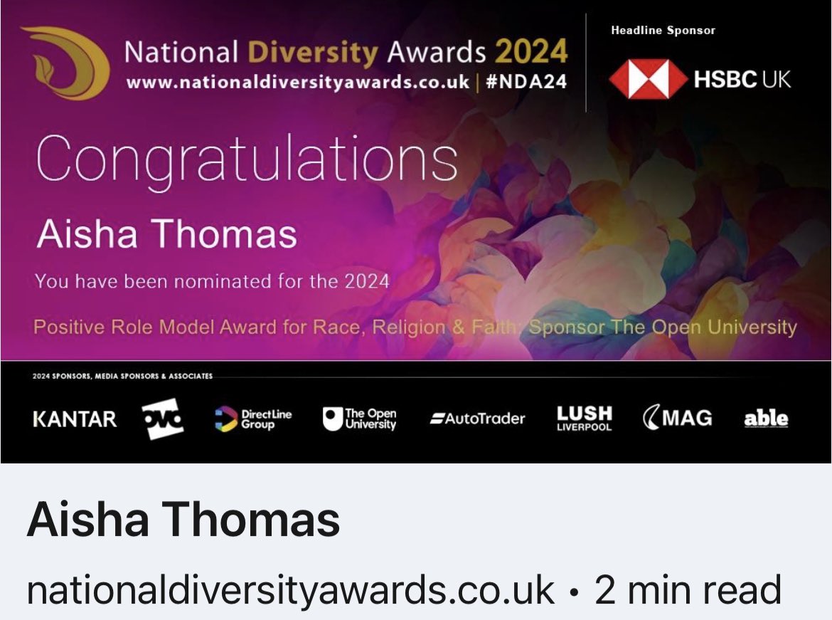 SUPPORT - VOTE - SHARE BIG SHOUT OUT to Aisha Thomas for this well deserved recognition of her work 🖤❤️💛💚 Hoo Law 2024 Go to Link to Vote nationaldiversityawards.co.uk/awards-2024/no…