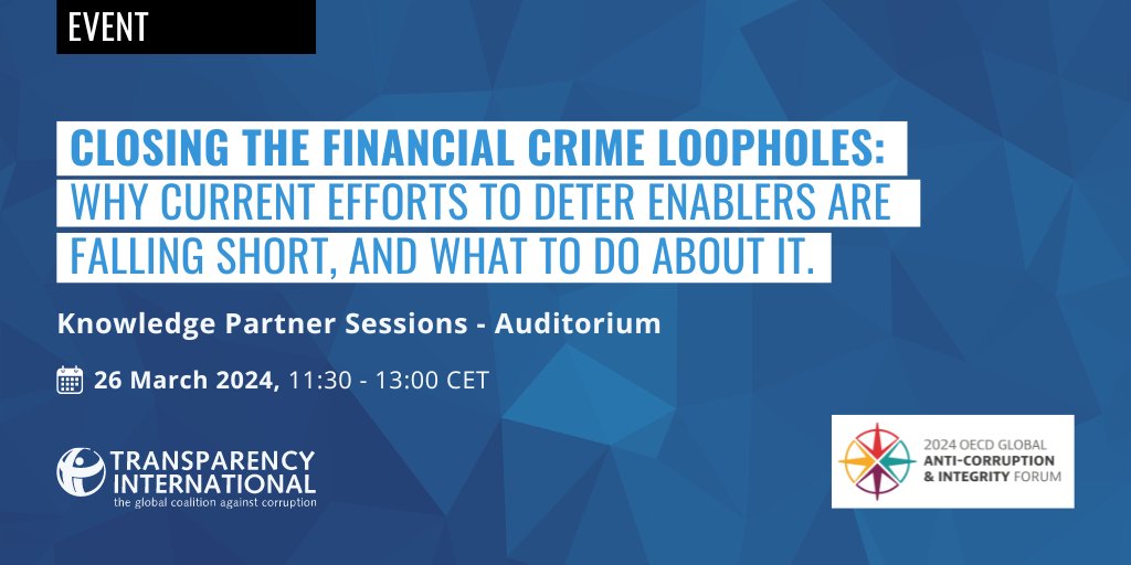 TODAY! ➡️ We’re one of the knowledge partners at this year’s #OECDIntegrity Forum. Join us online for a session discussing the role of enablers in facilitating cross-border corruption. 📅 Tues 26 March 2024 ⏰ 11:30 - 13:00 CET Register now: anticorru.pt/2X9