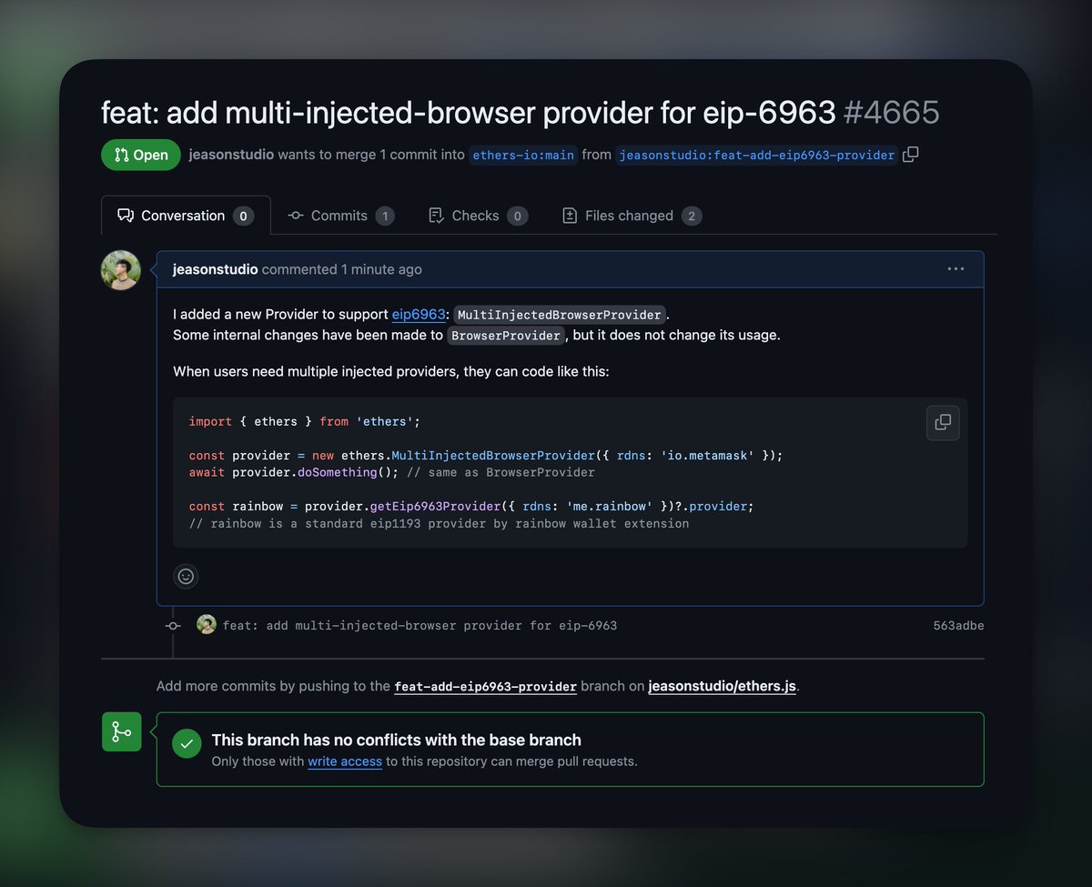 jeasonstudio's tweet image. I've just submitted a pull-request in #ethersjs to natively support eip-6963 (multi-injected provider discovery).
This is important for dapp developers~ @ricmoo
github.com/ethers-io/ethe…