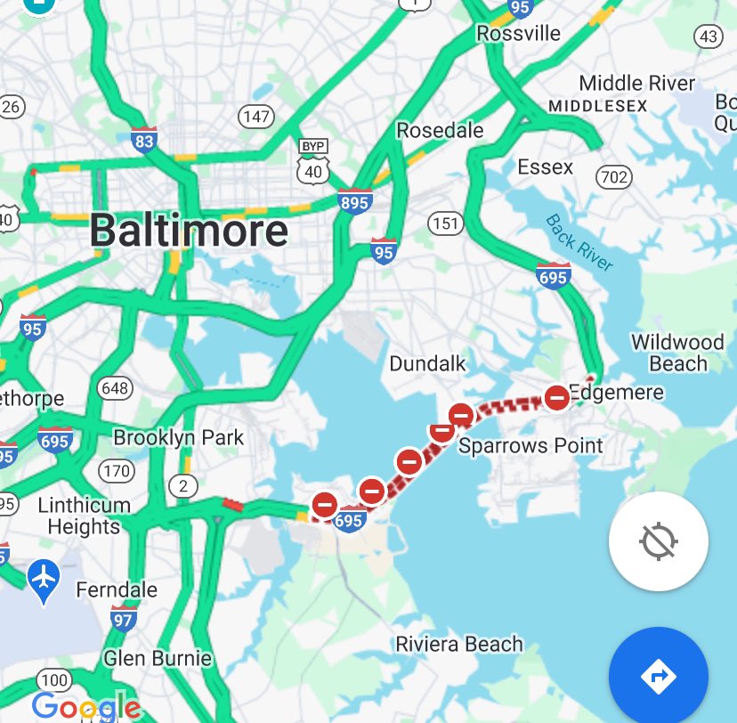 For those not familiar with Francis Scott Key Bridge & its impact on transportation in #Baltimore region. It’s one of 3 ways to cross the Harbor. 1.6-mile section of Baltimore’s beltway, I-695. Constructed in 1977 for ≈$110M 11.3M vehicles cross it every year @WMAR2News