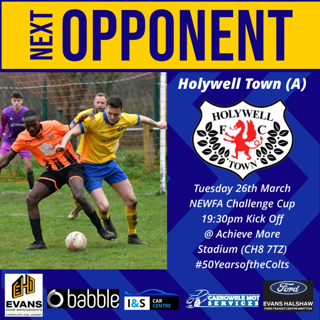 MATCHDAY 🟡🔵

Tonight we travel to JD Cymru North Leaders @HolywellTownFC in the NEWFA Challenge Cup quarter finals.

It will be a huge challenge against a side two leagues above us but the lads will give their all. Please come show your support!

#50YearsoftheColts #UTSC 💛💙