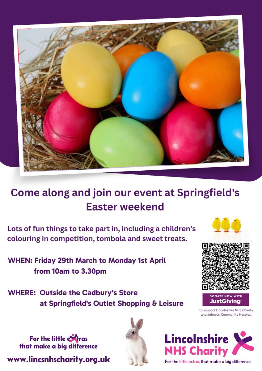 Pop along to Springfield's outlet this Easter weekend to support Johnson Hospital in raising funds. Lots of exciting things planned including an Easter tombola!🍫 WHEN: 10.00am to 3.30pm / Fri 29th March to Mon 1st April WHERE: Outside the Cadbury Store, Springfield's Outlet