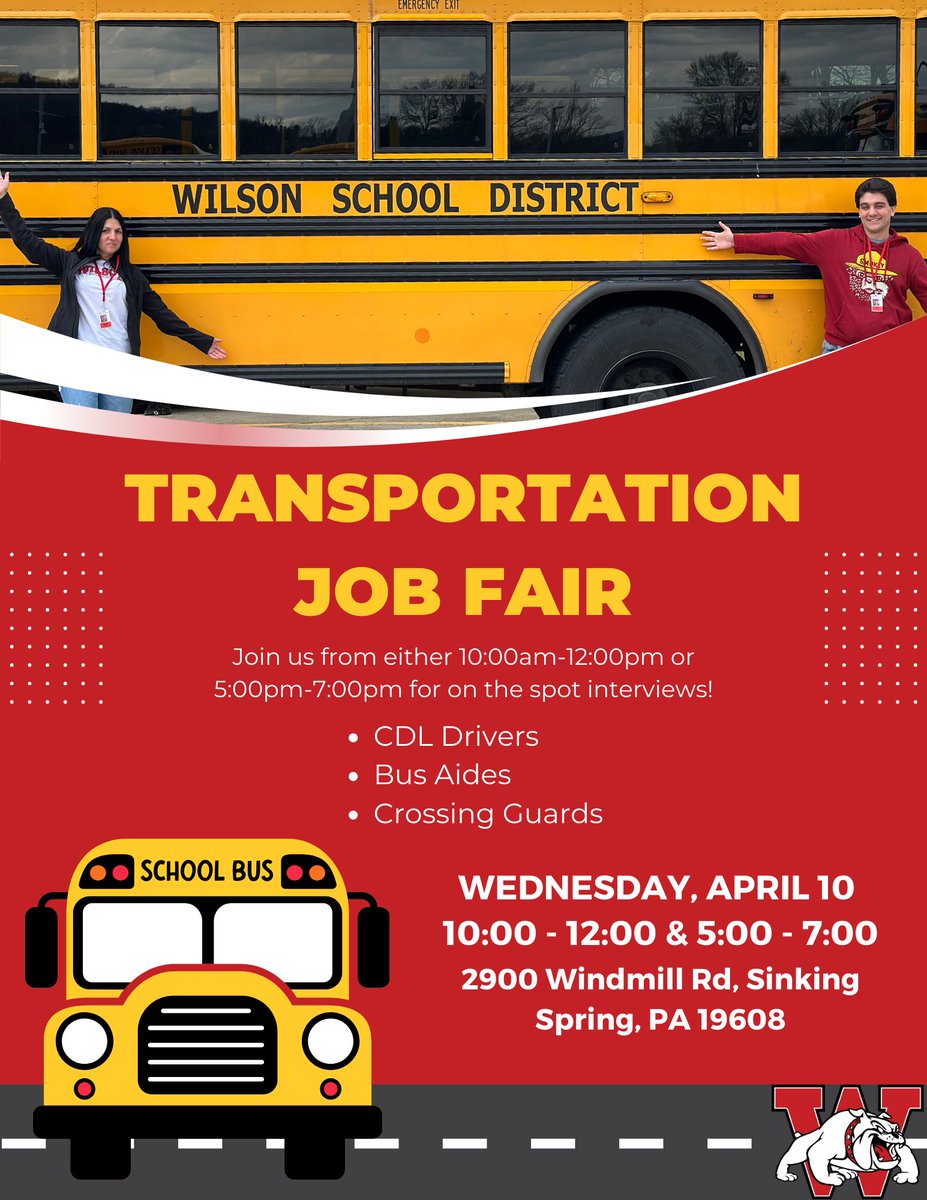 Join us at our Transportation Center on April 10th for our Transportation Job Fair! 

We will be conducting on the spot interviews for CDL Drivers, Bus Aides, and Crossing Guards from 10:00 am - 12:00 pm and 5:00 pm - 7:00 pm!