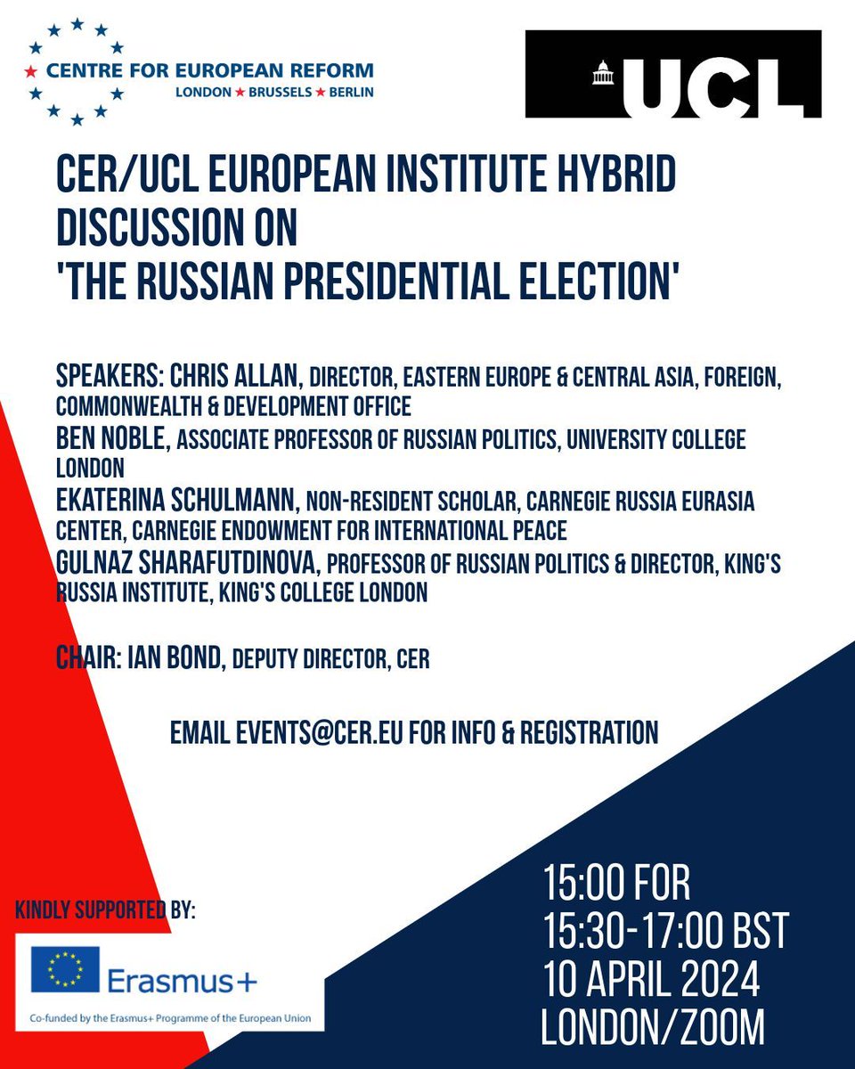 📅 Join us: @CER_EU/@UCL_EI hybrid discussion on 'The Russian presidential election' 10 April 2024, London/Zoom Speakers: Chris Allan, @BenHNoble, @eschulmann, @GulnazSharaf Chair: @CER_IanBond Email events@cer.eu for further info and registration