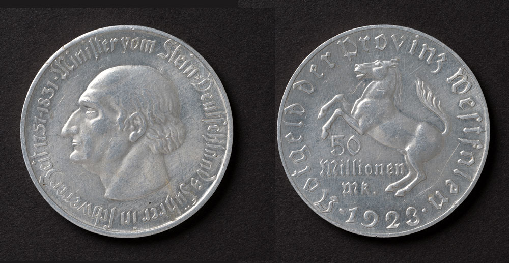 Many countries experimented with aluminium coins and some still produce them today. This 50 million marks coin comes from a period of hyperinflation in Germany when prices soared. See it and more in our 'Scottish Aluminium' display at Kelvin Hall @KelvinHall16. Free entry!