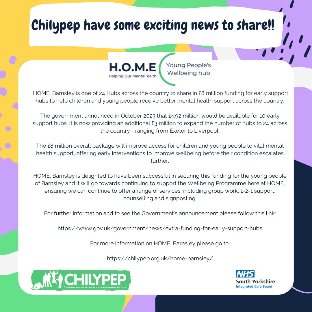 HOME Barnsley is one of 24 Hubs to share funding for early support hubs! We are delighted to have secured this funding; it will go towards continuing to support our Wellbeing Programme, ensuring we can continue to offer group work, 1-2-1 support, counselling and more.