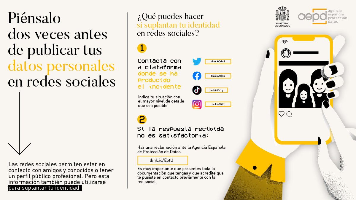 AEPD_es's tweet photo. 🥷 ¿Te has visto afectado por una suplantación de identidad en redes sociales?

Si te sucede, te explicamos qué debes hacer si hay alguien haciéndose pasar por ti ➡️ https://t.co/zoUftmMSBW https://t.co/SpRUnLUzYK