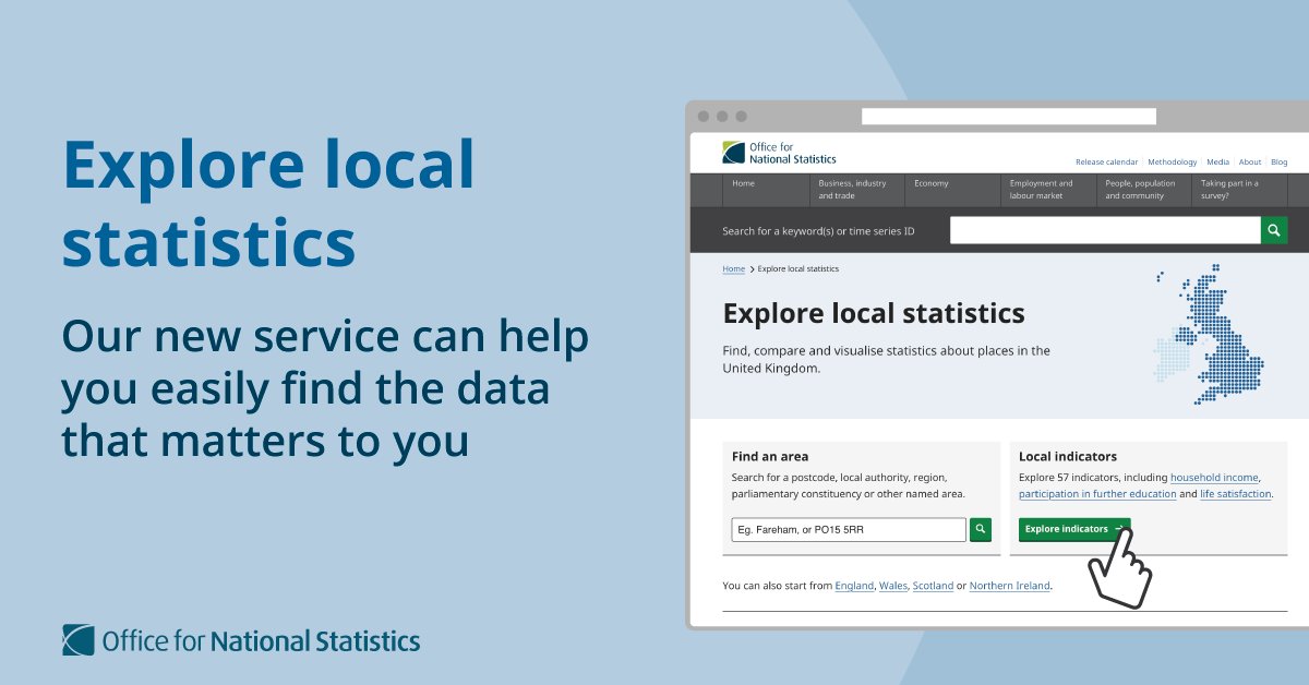 We’ve launched our new Explore local statistics service allowing you to easily find and understand the data in your area 🔎 With up to 57 indicators to choose from, you can compare and visualise statistics about places in the UK. ➡️ …lore-local-statistics.beta.ons.gov.uk