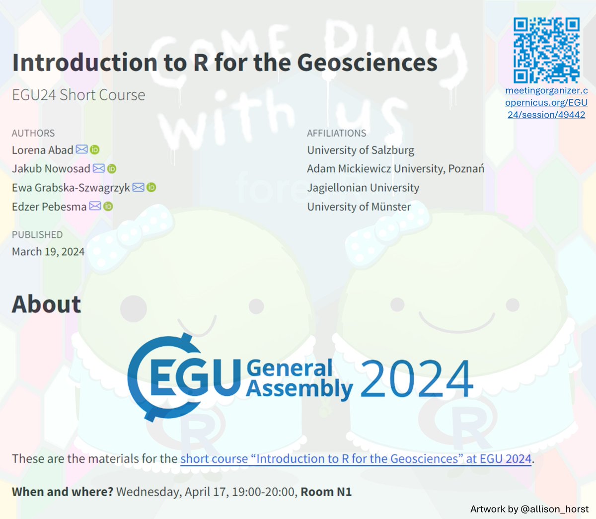 Wanting to get started with #rspatial for the geosciences? Attending #EGU24? Then come and join the 'Intro to R for the Geosciences' short course on April 16th, 7PM. meetingorganizer.copernicus.org/EGU24/session/…