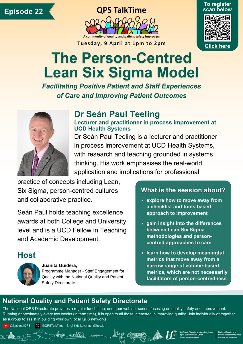 Do you want to learn how to move away from a checklist and tools based approach to improvement?🤔 Join us on our next QPS TalkTime to learn about The Person-Centred Lean Six Sigma Model✨ Register at this link www2.healthservice.hse.ie/organisation/n…