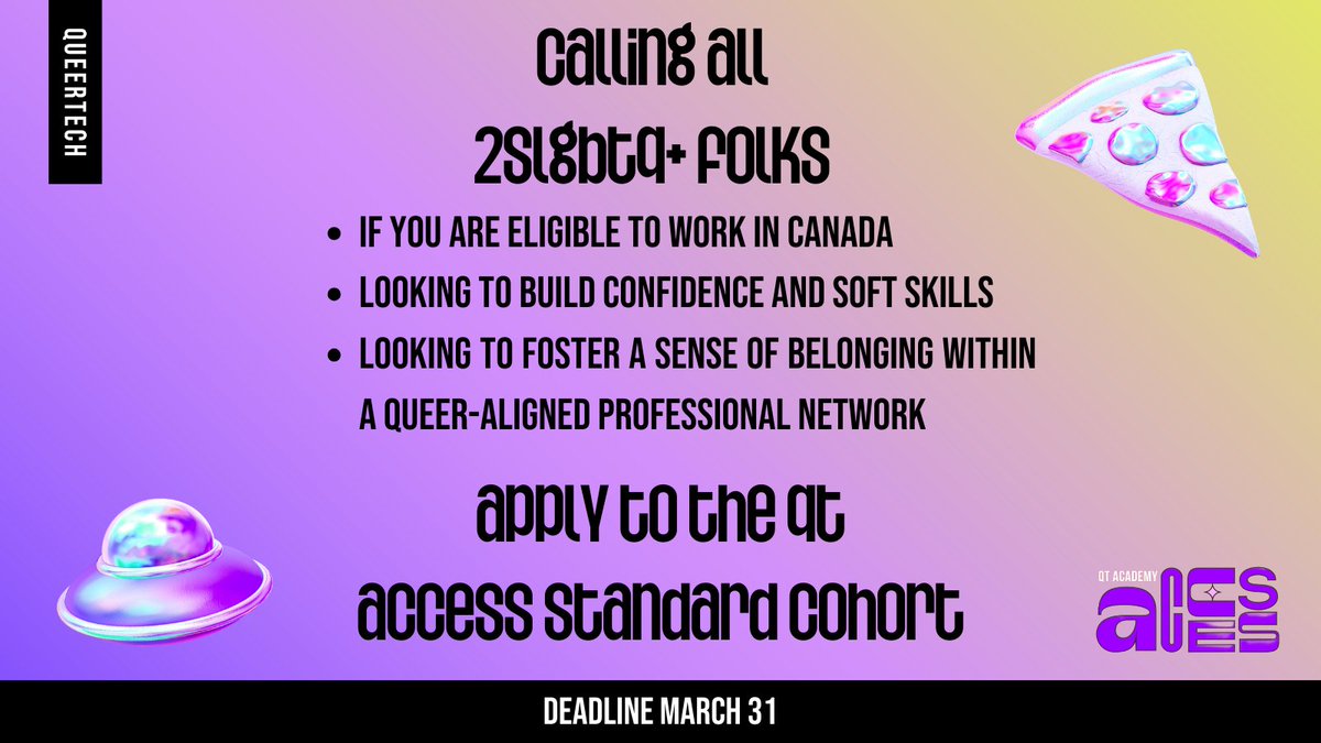 For 2SLGBTQ+ folks, navigating #professional networks comes with barriers. Over 10 weeks, unlock confidence, skills, and a supportive community. Apply for the Standard Cohort of QT Access by March 31 ➡️ bit.ly/4a4TgJd