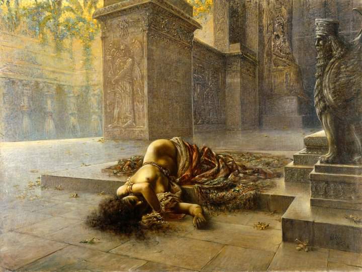 Semiramis dying on Nino's tomb, 1893 By Augusto Valli (1867-1945) -Based on the opera 'Semiramide' by Gioachino Rossini, libretto by Gaetano Rossi, first performed 1823