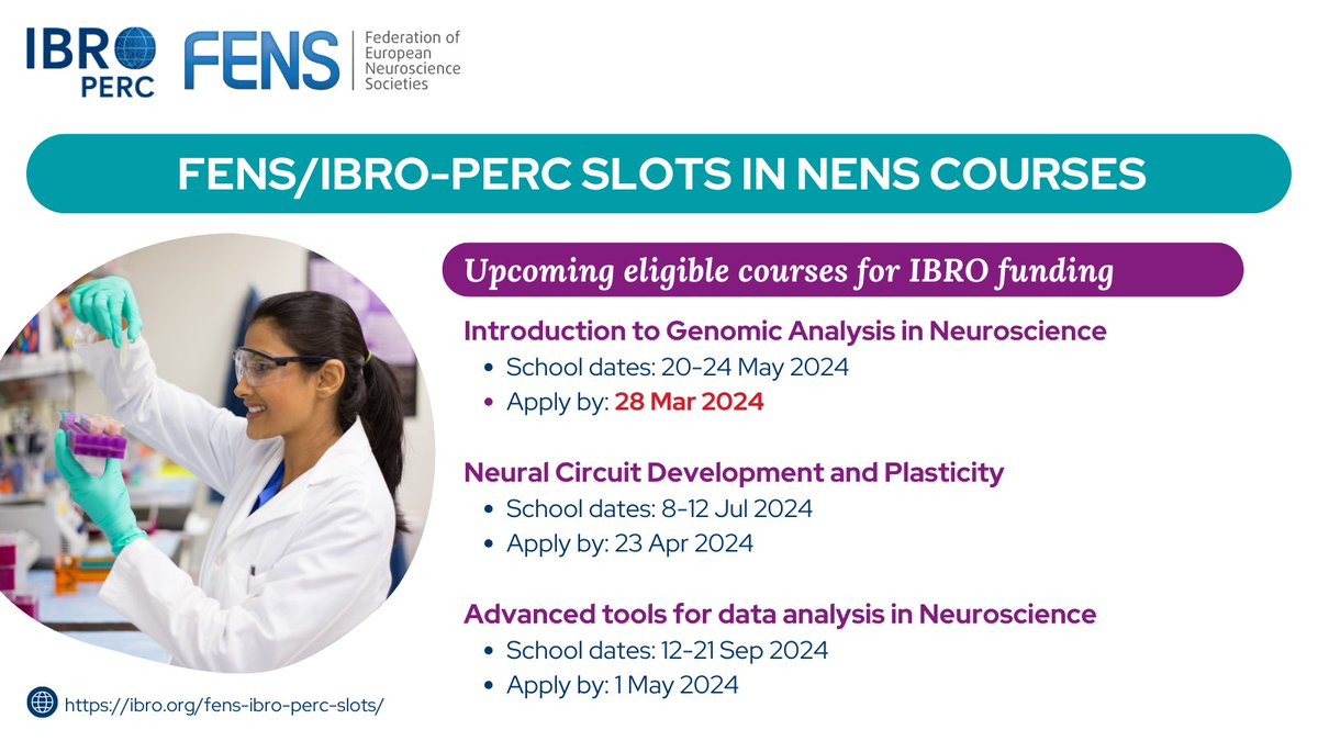 Upcoming courses on neural circuits, genomics, and data analysis in #neuroscience! 🧠 Check out the available #funding from IBRO-PERC and FENS to support your attendance! 👉 Read more: ow.ly/jbam50QZIp6 @FENSorg @JLLanciego