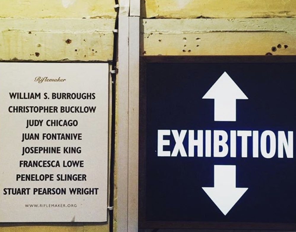 … classic #Riflemaker ⁦@Riflemaker_Soho⁩ gallery exhibition list (on gallery ground floor wall) ⁦@yokoono⁩ #JudyChicago #JosephineKing #WilliamBurroughs on four floors at Beak Street space