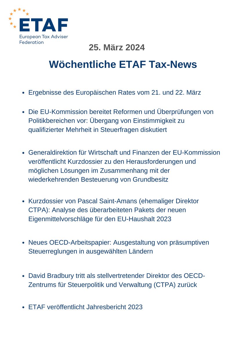 Dienstagmittag: Die neuen <a href="/ETAFtax/">ETAF</a> Tax-News 🗞️sind da. Mit aktuellen #EU News für den Berufsstand. Die englische Fassung finden Sie im ersten Kommentar 🗯️. Lesen Sie mehr ⤵️⤵️. Der DStV wünscht frohe Ostern 🐇🥚🐣. 

#TaxTwitter #tax