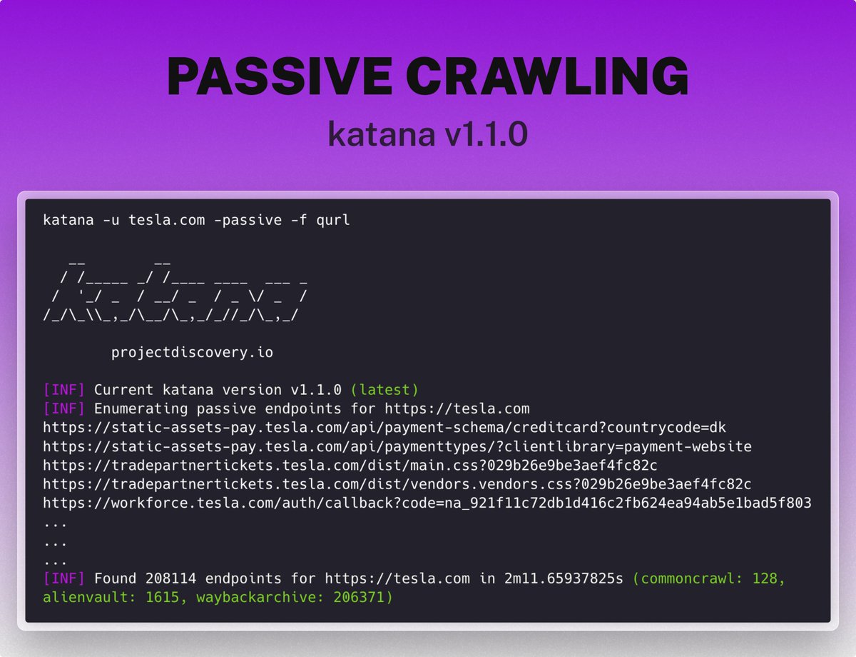 Now quickly fetch endpoints of your target passively using latest release of katana v1.10 Checkout GitHub release for more details - github.com/projectdiscove… #hackwithautomation #crawling #passive #osint #discovery