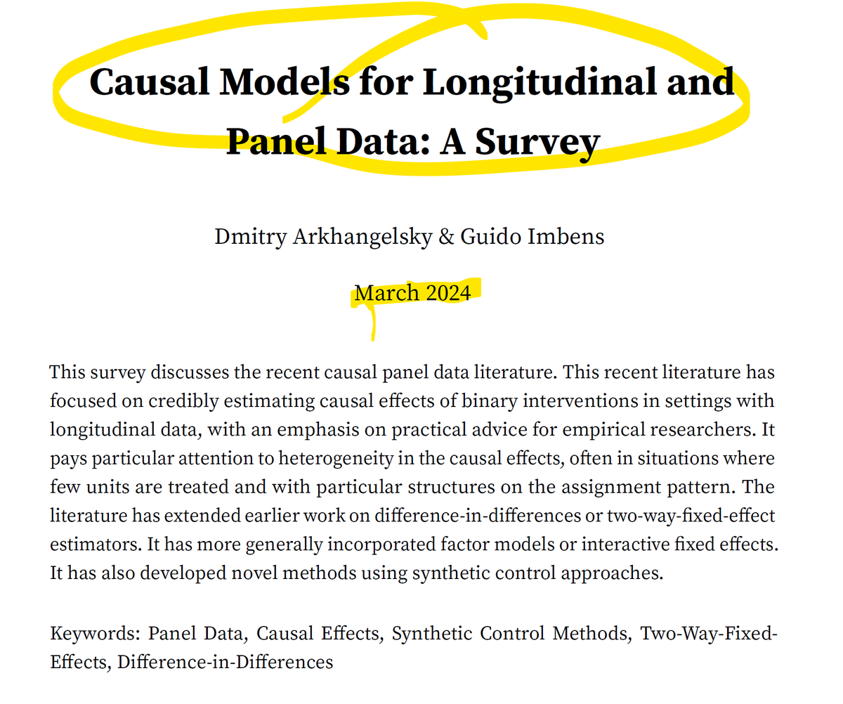 Hi #EconTwitter! 📈 Curious about the latest in causal inference with panel data models? Check out 📷the new release of this #econometrics survey by @ArkhangelskyD (@CEMFInews) and @guido_imbens(@stanford)! It covers a lot of stuff, from difference-in-differences and…