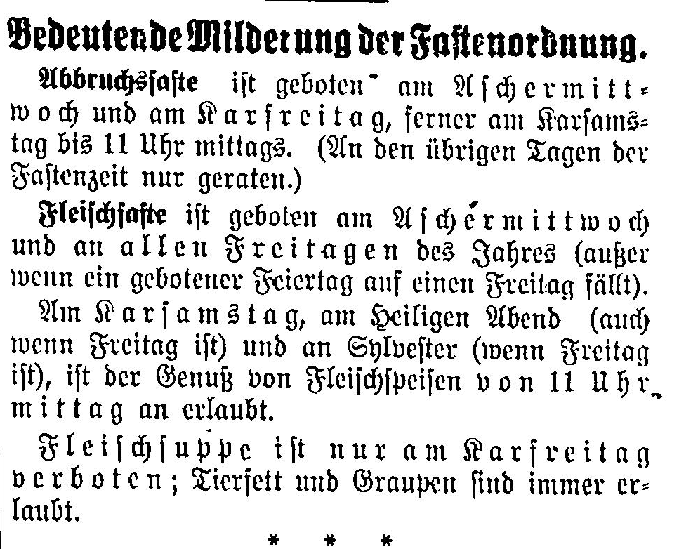 Die Grenze zwischen Politik und Religion, Verwaltung und Kirche war schon immer dünn. Das zeigt diese fast 100 Jahre alte Fastenordnung: Zu Sylvester durfte man ab 11 Uhr Fleischsuppe essen, selbst wenn Freitag war.