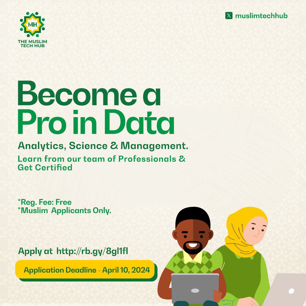 It’s time to launch your career in the Data Field! Are you a Muslim interested in learning practical skills in Data Science, Analytics, and Management through real-world projects? The Muslim Tech Hub is calling on you! Apply Now - rb.gy/8gl1fl Deadline - April…