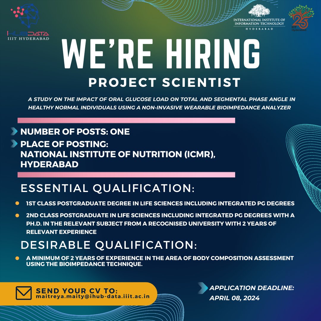 Great Opportunity! Join our team as a Project Scientist. Project: A study on the impact of oral glucose load on total and segmental phase angle in healthy normal individuals using a non-invasive wearable bioimpedance analyzer. #BioimpedanceStudy #GlucoseImpact