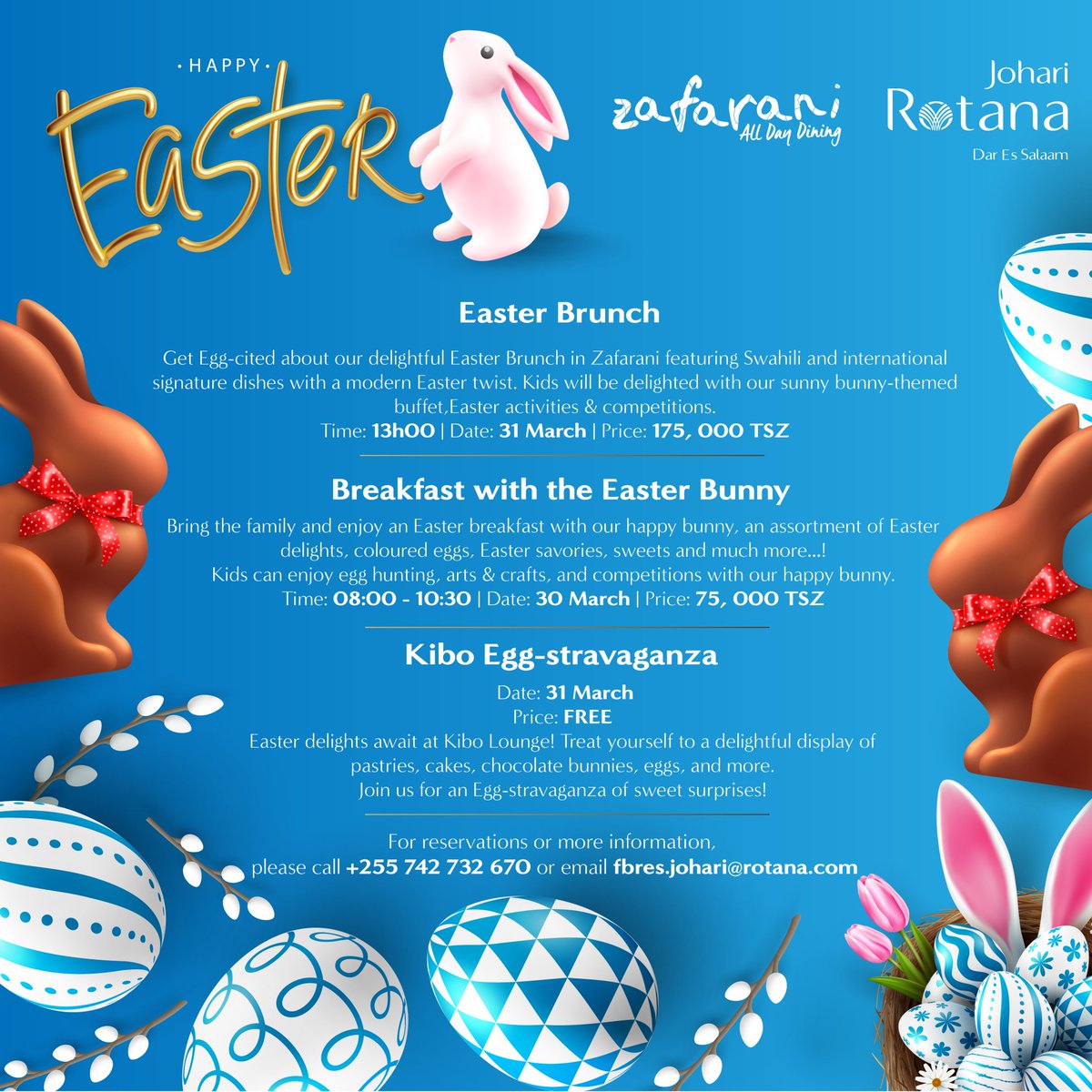 Easter delights await! 🐰✨

Join us for an Egg-stravaganza of festivities at Johari Rotana. 

Don't miss out, book your Easter experience now! Call or Whatsapp +255 742 732 670 to make a reservation

#EasterCelebrations #JohariRotana #BookNow