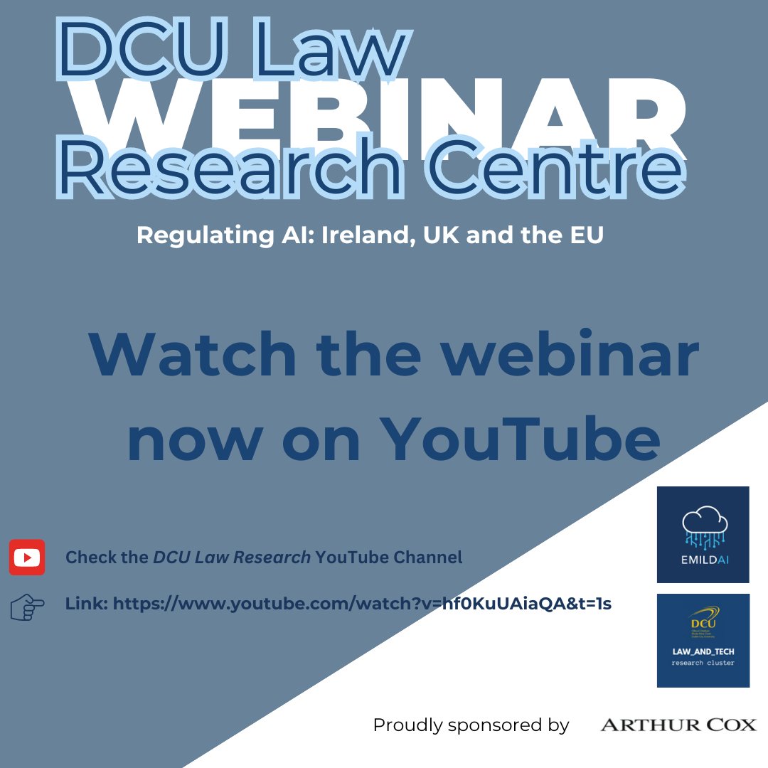 🚀 Exciting news! 📢 Our webinar on 'Regulating AI: Ireland, UK, and the EU' is now available on YouTube! 🌐 Delve into the world of AI regulation with insights from experts. Watch the full video here: youtu.be/hf0KuUAiaQA?si… #AI #Regulation #DCULawResearchCentre #EMILDAI