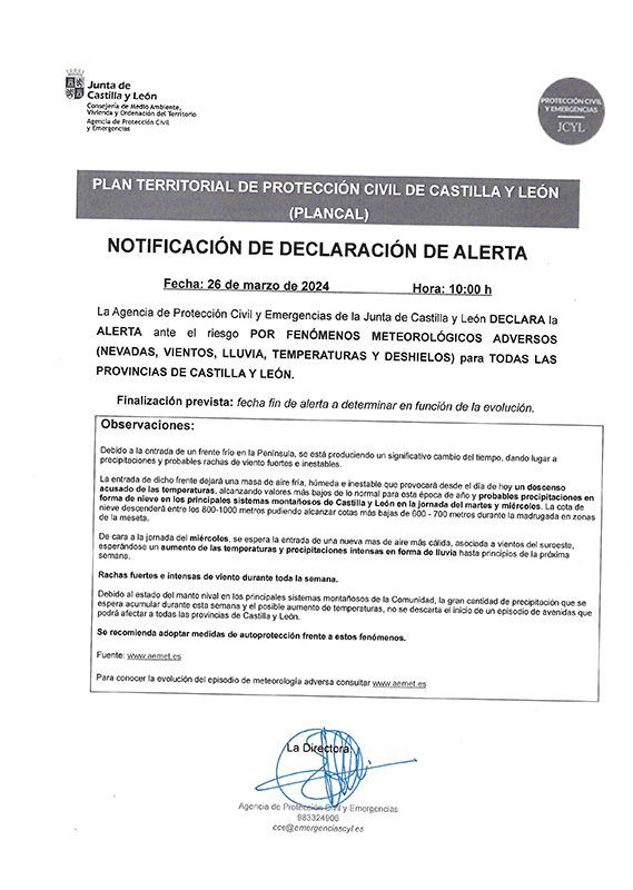 Queda declarada la alerta por fenómenos meteorológicos adversos.