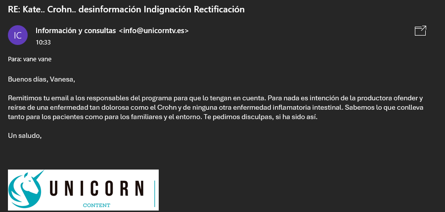 VaneAlive's tweet photo. Hoy me ha sorprendido obtener respuesta a mi email y la agradezco, la verdad. Creo que nos merecemos una rectificación y no deberíamos de dejar de insistir en que la haya.
#crohn #eii @tardeartv @telecincoes @ACCU_Espana @AccuSevilla @FAPOE_ @unicorntves https://t.co/naORg1hWwi