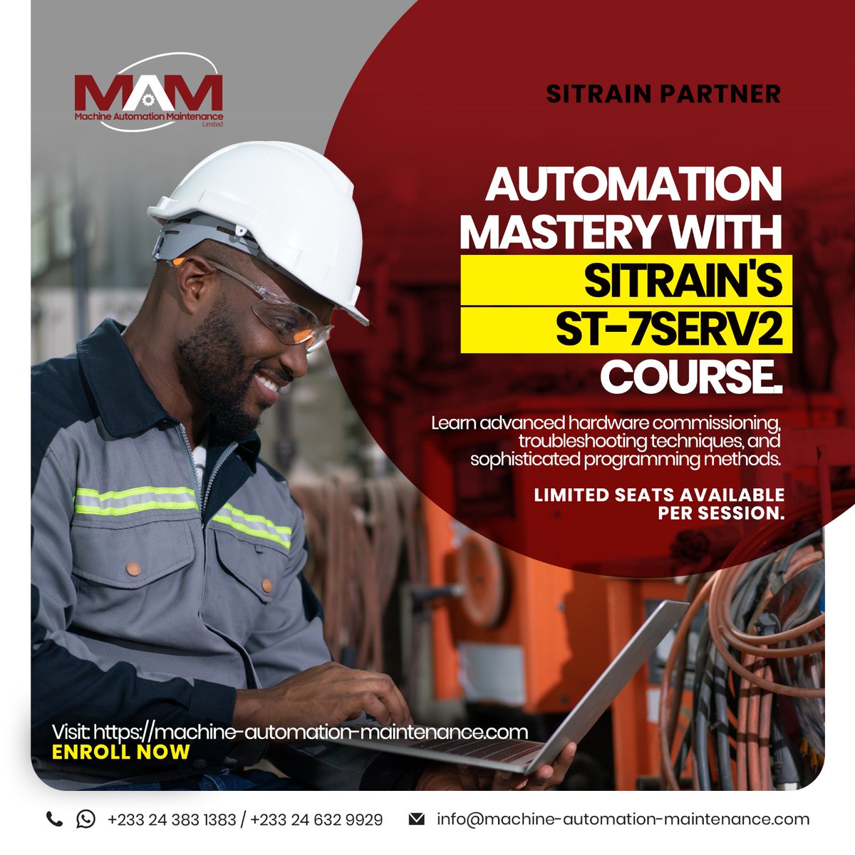 MAMSiemensAgent's tweet photo. Want to enroll for a @Siemens  SITRAIN's ST-7SERV2 Course?
Eager to boost your career with certified automation training?

🌐 𝐕𝐢𝐬𝐢𝐭 https://t.co/qx0kicknAU 𝐭𝐨 𝐚𝐩𝐩𝐥𝐲 OR
📞 𝐂𝐚𝐥𝐥 +233 243-831383
#Automation #MAMSiemensDistributor #Siemens #Sitrain #CertifiedTraining. https://t.co/tkp9mOJcRP