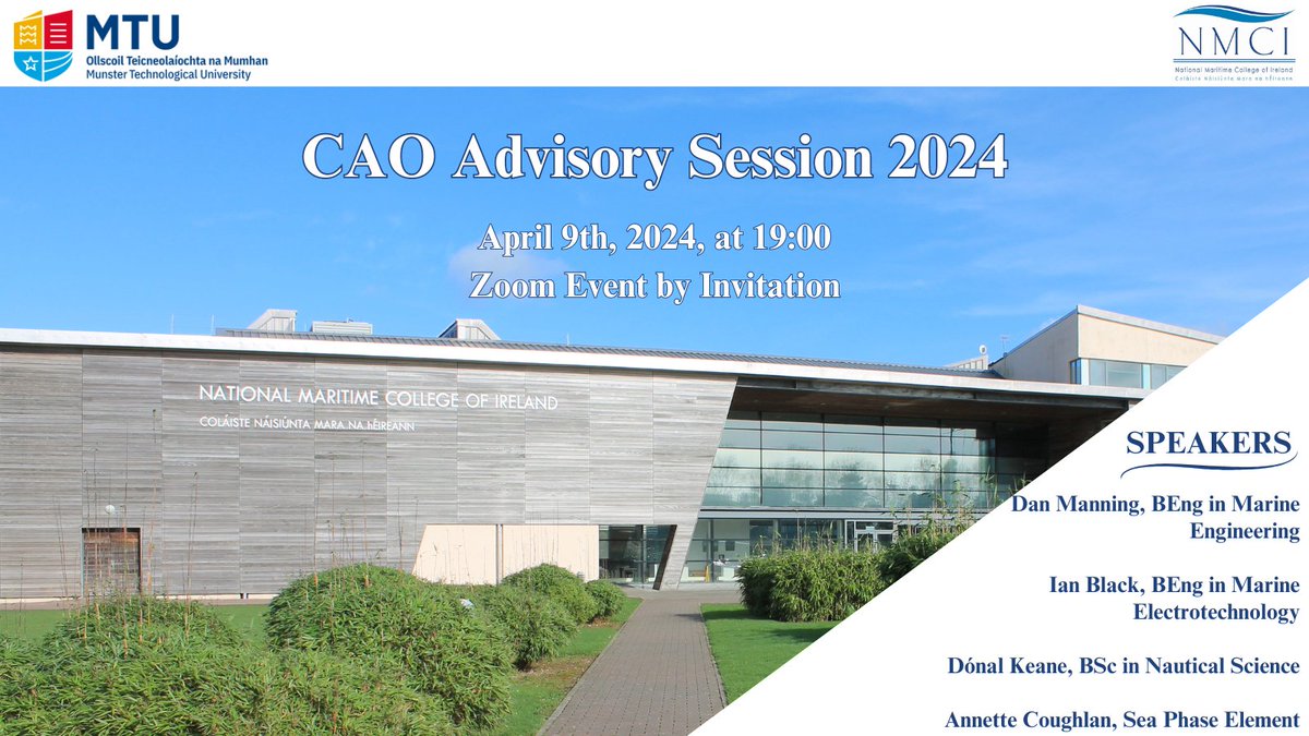 The #NMCI #CAO Advisory Session will be held on April 9th at 19:00 on Zoom. Speakers include, Dan Manning, Ian Black, Dónal Keane & Annette Coughlan. CAO applicants will receive an invitation by email. Please use the link below to register. forms.office.com/e/igYSpLJ4QP #DegreeCourses