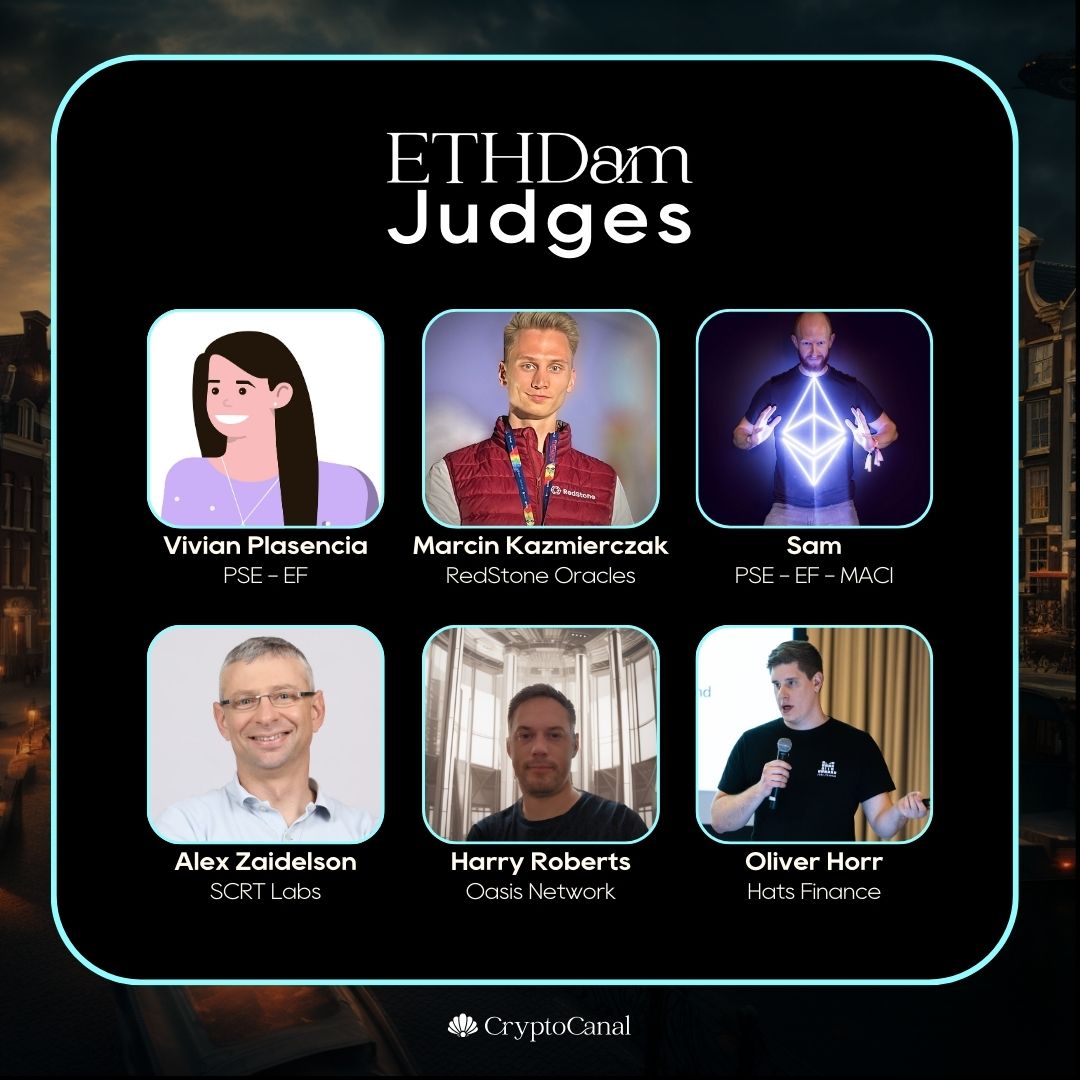 🦦Meet our #ETHDam Judges: @ViviPlasenciaC  from @PrivacyScaling @ethereum, @Marcin_Kaz13 from @redstone_defi, @samonchain from @PrivacyScaling @ethereum @zkMACI, @azaidelson from @scrt_labs,  Harry Roberts from @OasisProtocol, and @0xAngler  from @HatsFinance.